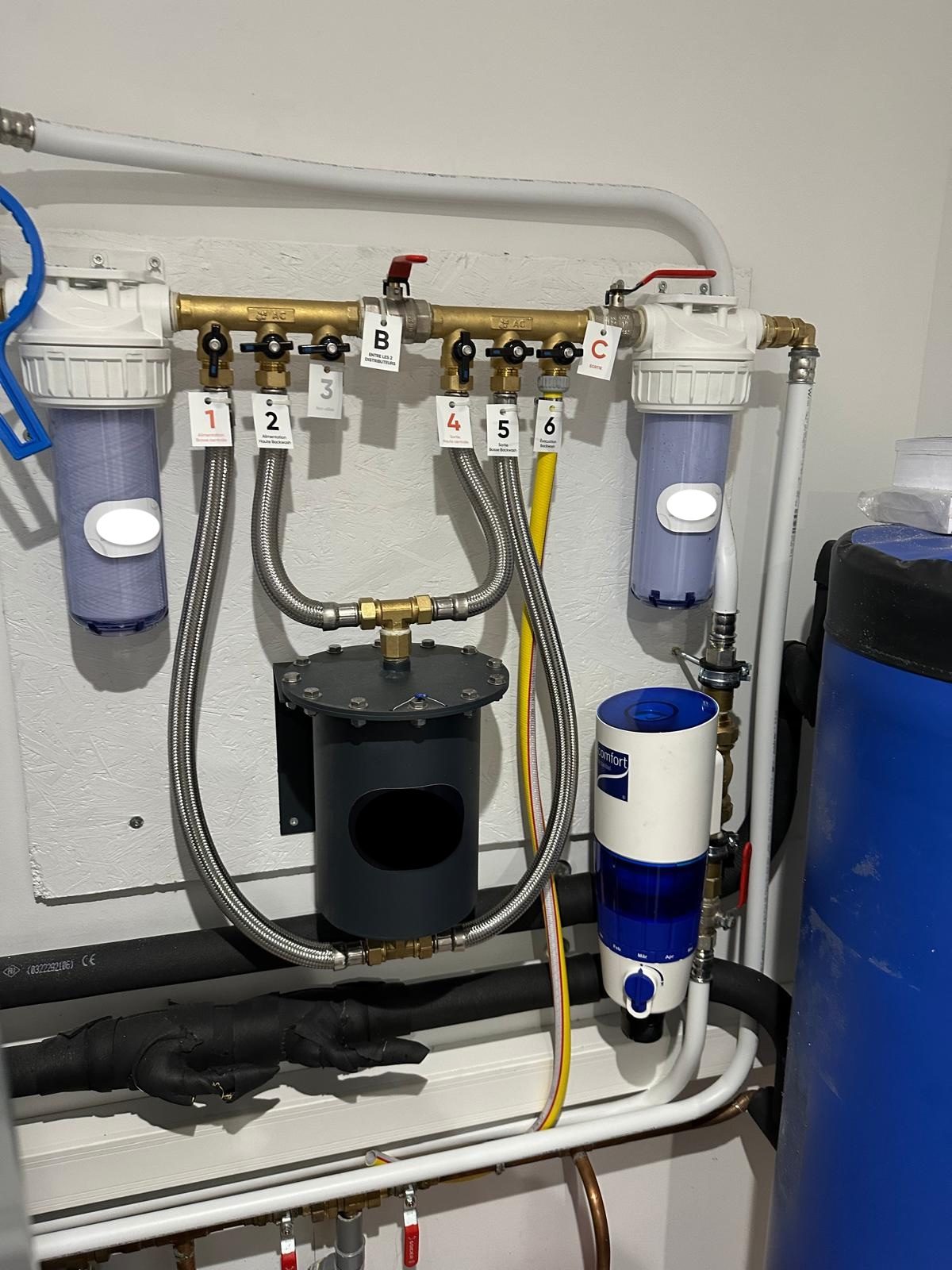 Panneau de filtration multi-étages, vannes numérotées, gros plan